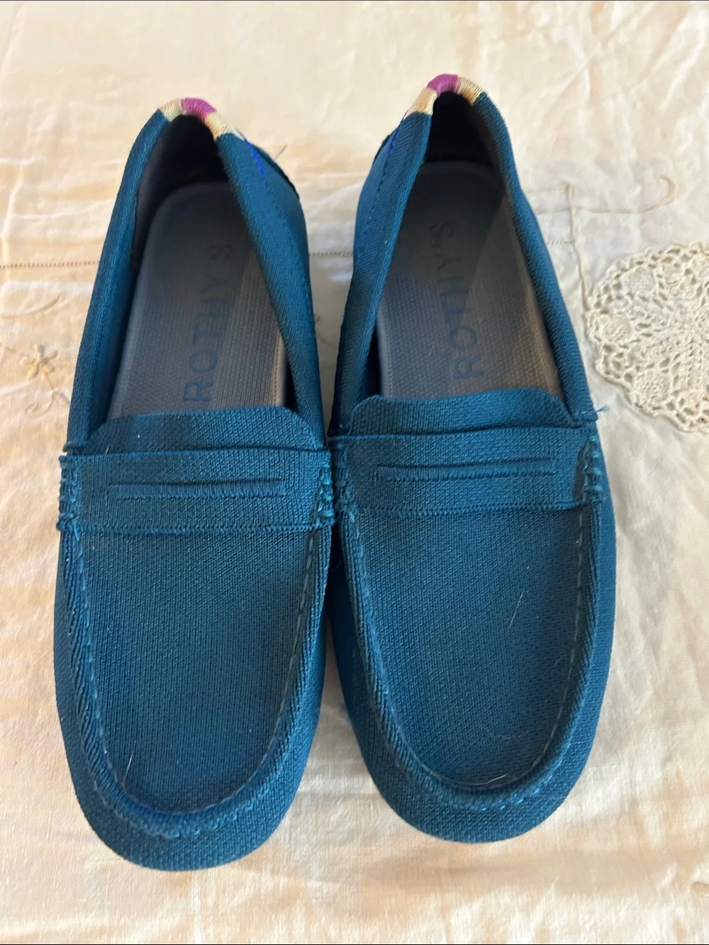 Rothy's Teal Canvas Penny Loafers with Purple Heel Accent sz 7.5 - Picture 1 of 6